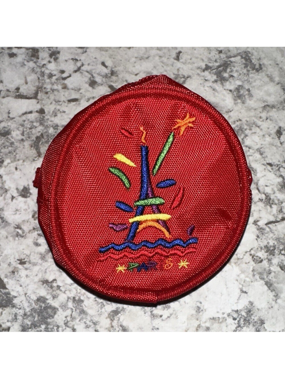 Red Embroidered Zipper Coin Purse Key Chain w/ Keyring Nylon/Metal Unisex